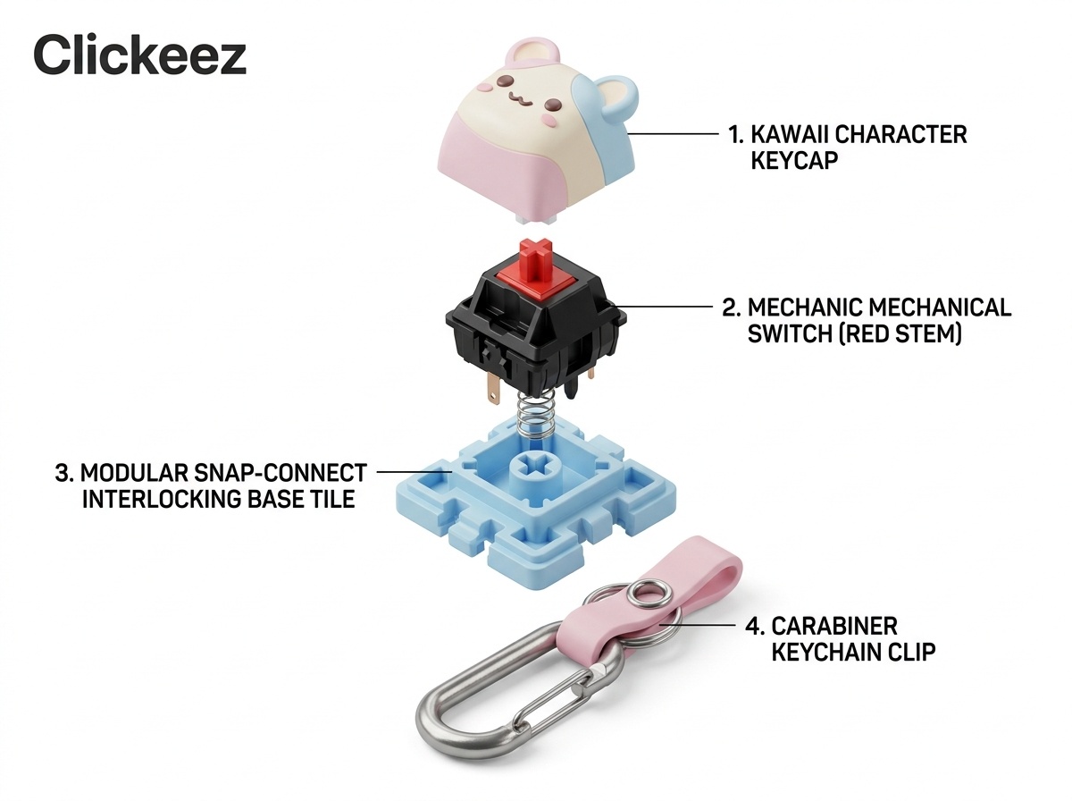 Exploded view of Clickeez components: Keycap, Switch, Modular Base, and Keychain Clip